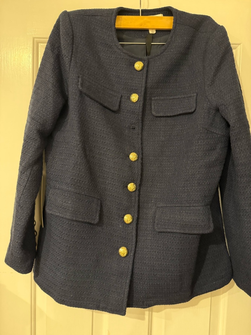 Pomander Place Navy Textured Collarless Blazer with Gold Buttons